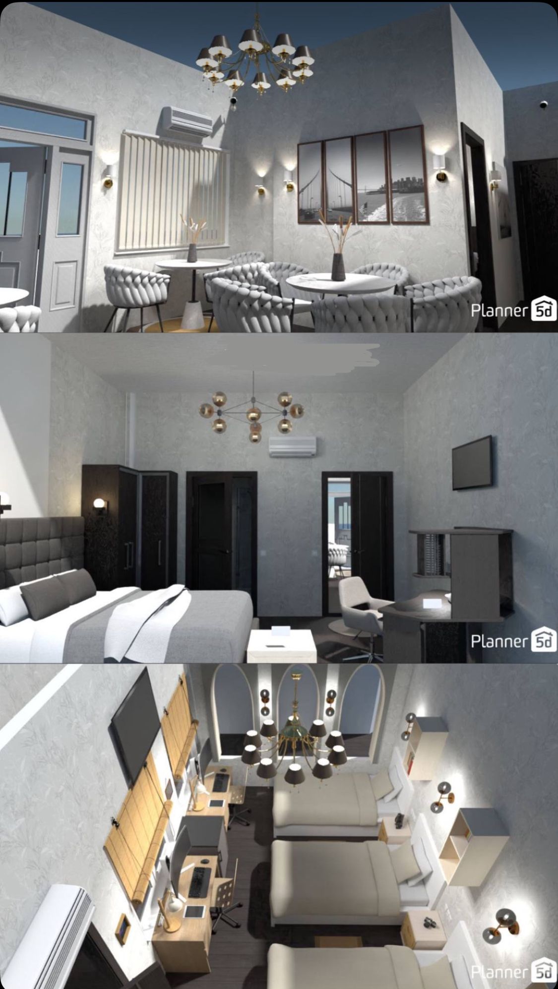 Early renderings of the guest rooms and shared spaces