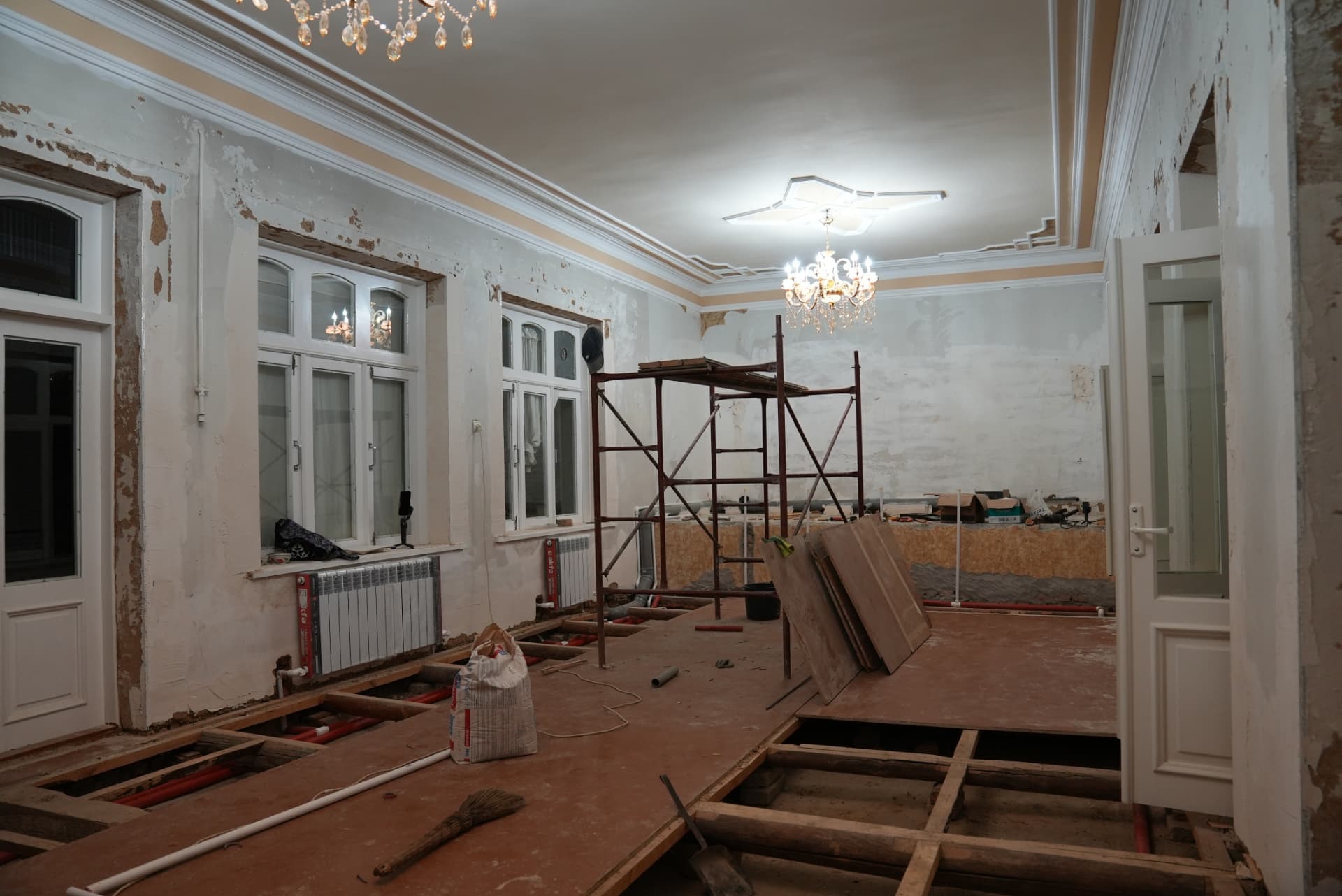 Scaffolding in the long room while ceilings and chandeliers were restored