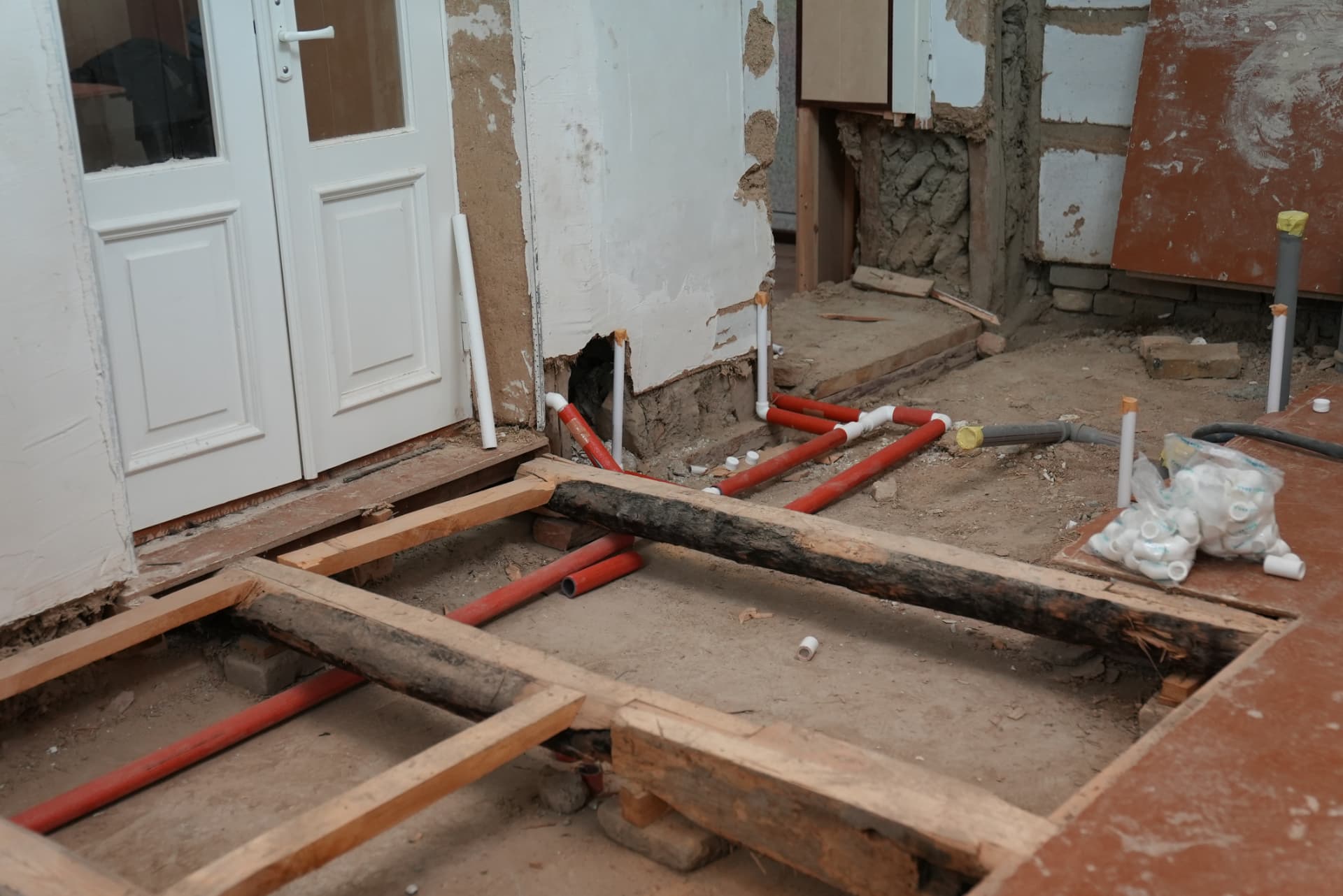 Floor framing opened to run new services