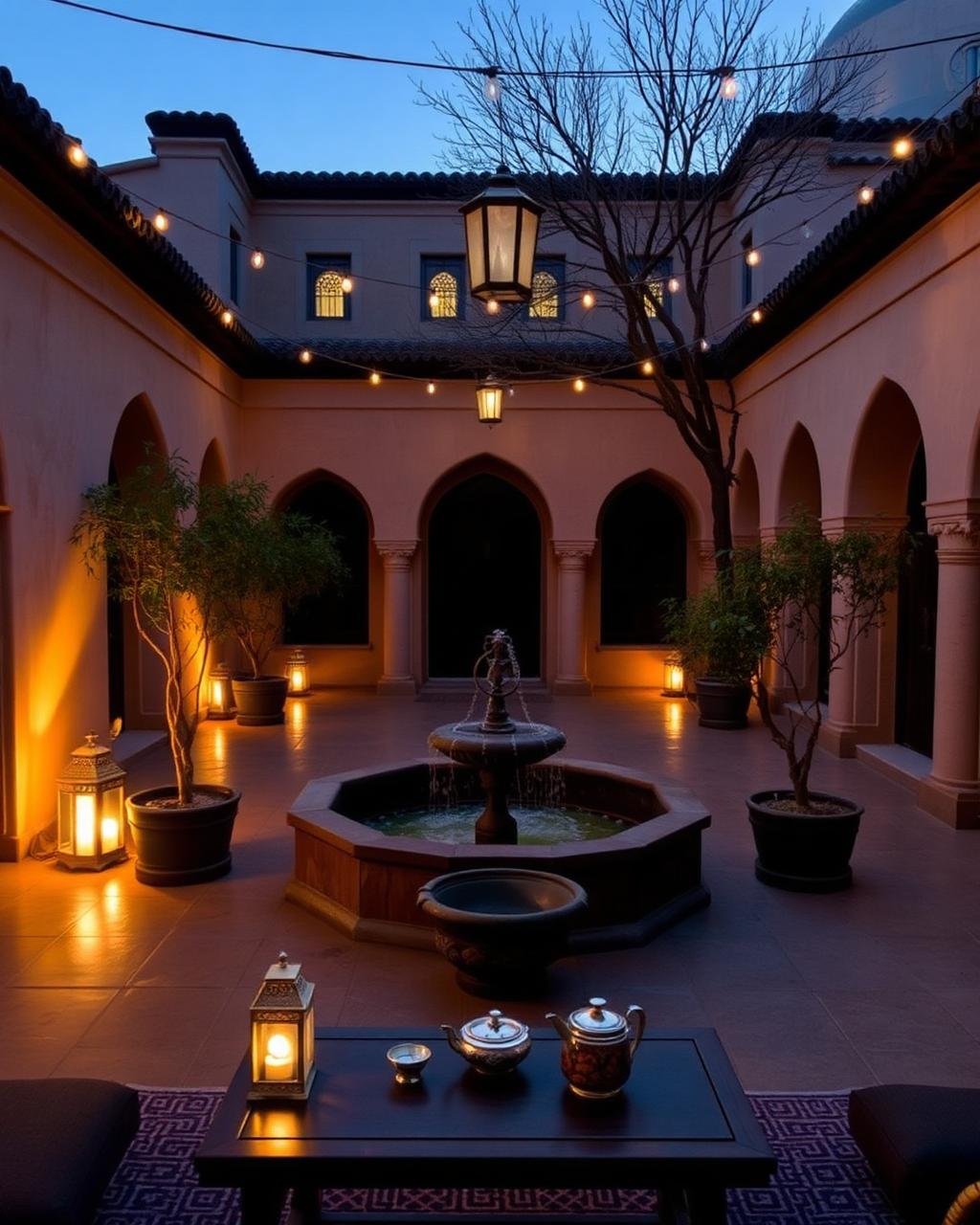 Courtyard at dusk with lanterns